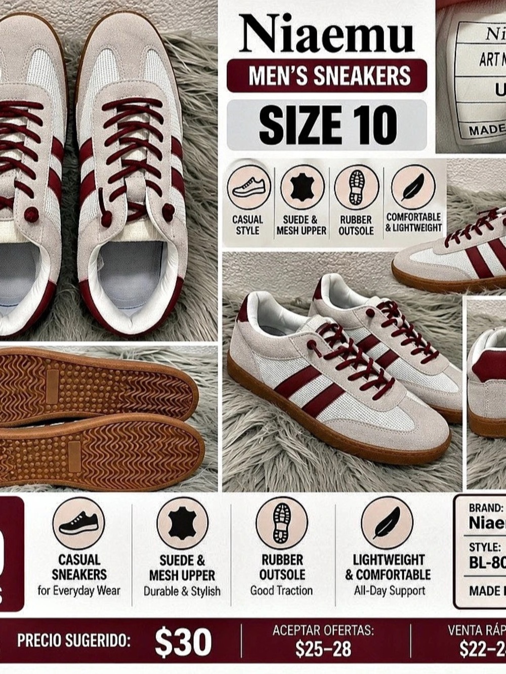 Niaemu BL-8001 Color Block Sneakers White & Red US 10